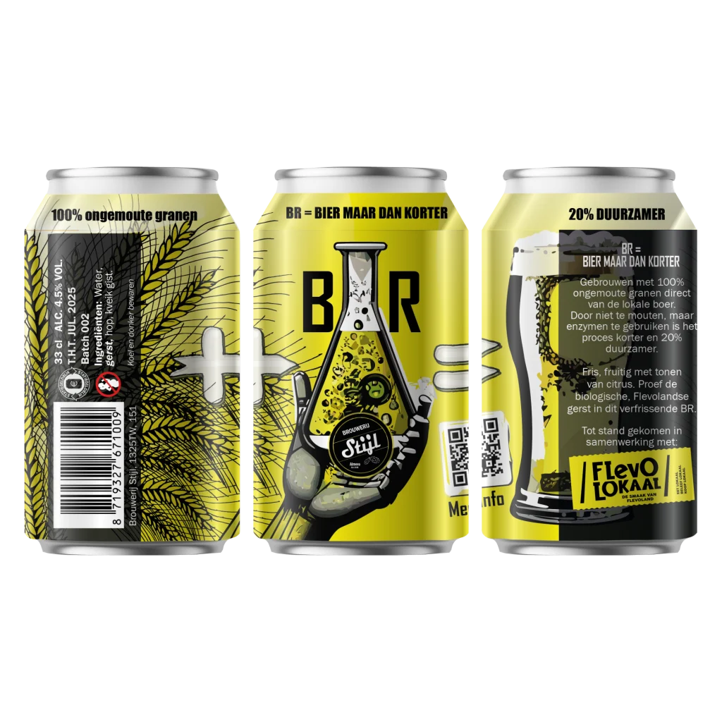 Geel met zwart bierblikje met de tekst BR van brouwerij Stijl