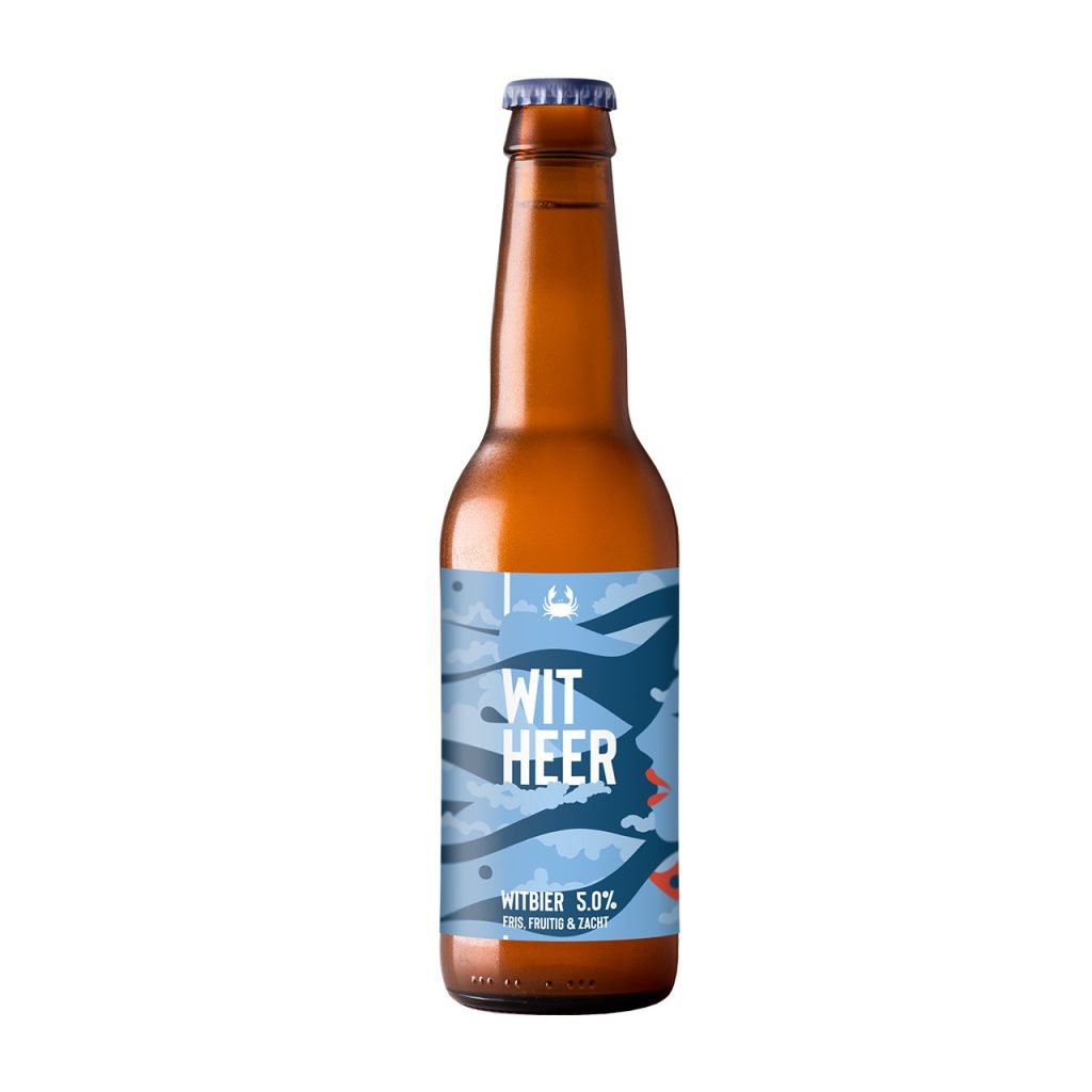 Bruin bierflesje met een blauw etiket met de tekst Witheer van Brouwerij Schelde