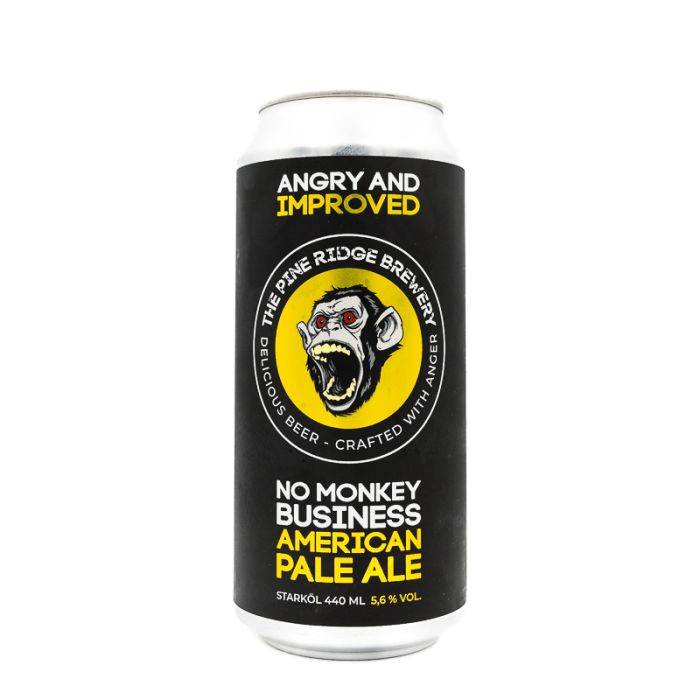 Zwart bierblikje met een hoofd van een aap en de tekst Pine Ridge - No Monkey Business Angry and Improved