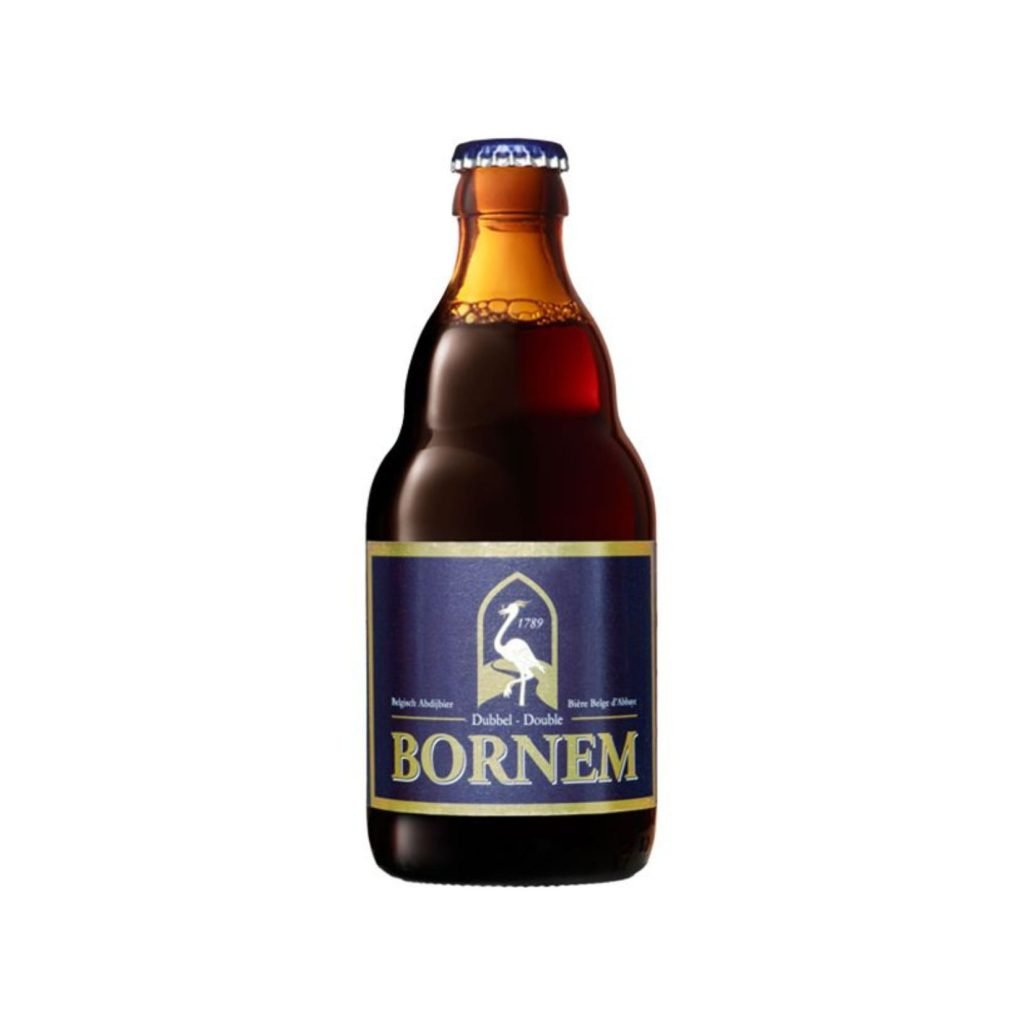 Bornem Dubbel een bruin bierflesje met een blauw etiket met een ooievaar in het midden