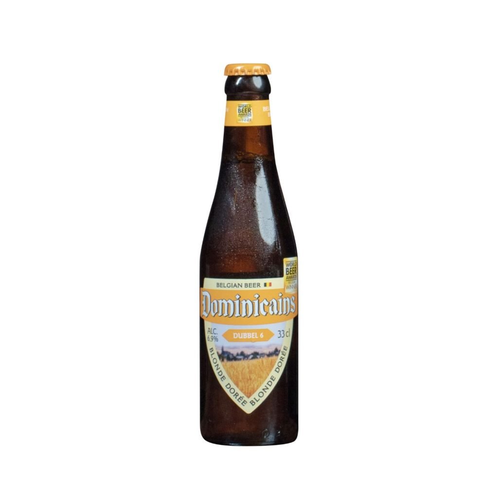 Dominicains Dubbel 6 bruin bierflesje met een geel etiket met een foto van een veld vol met graan