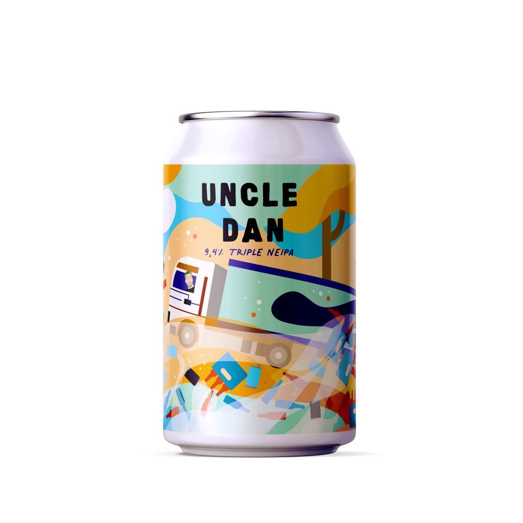 Blik Uncle Dan Triple NEIPA, samenwerking met Oersoep, met tropische uitstraling en hoprijk karakter.